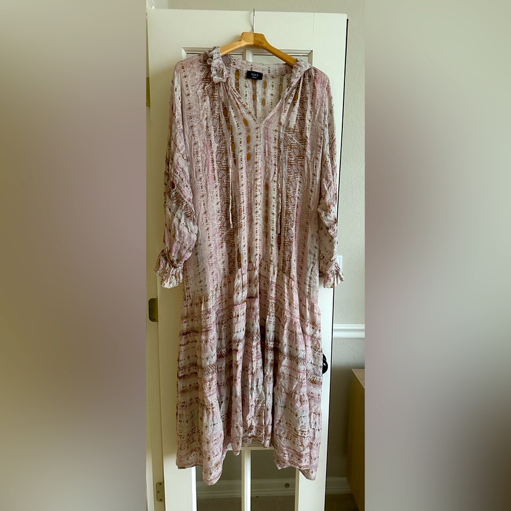 VICI Chayton Metallic Tassel Tie Maxi Dress Size small Blush Gypsy Boho